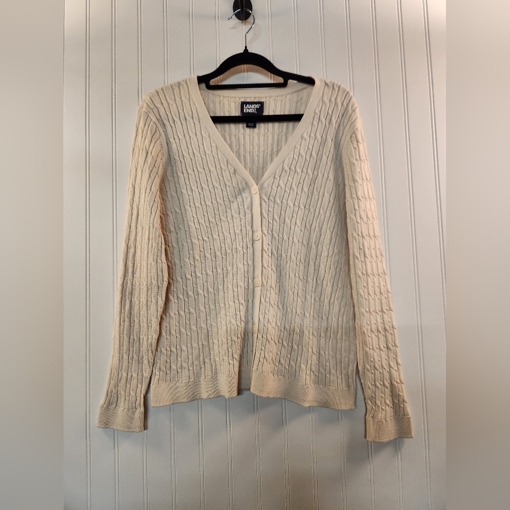 Lands End Women's Cream Cable Knit Cardigan Sweater Size‎ LP Classic Soft Cozy
